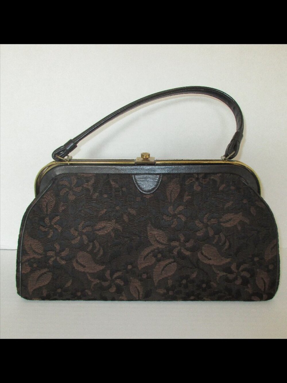 Vintage 60's Verdi Frame Handbag Black Brown Floral Brocade Tapestry Mid Century
